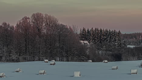 Toma-De-Pacas-De-Heno-Cubiertas-De-Nieve-Sobre-Tierras-Agrícolas-Noche-De-Invierno-Con-Niebla-Pasando-En-Timelapse