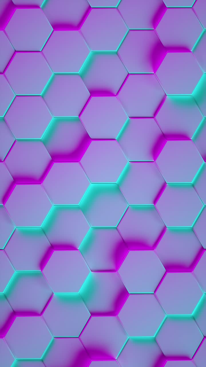 Hexagon geometric pattern as abstract background with neon light. 3d animation loop vertical