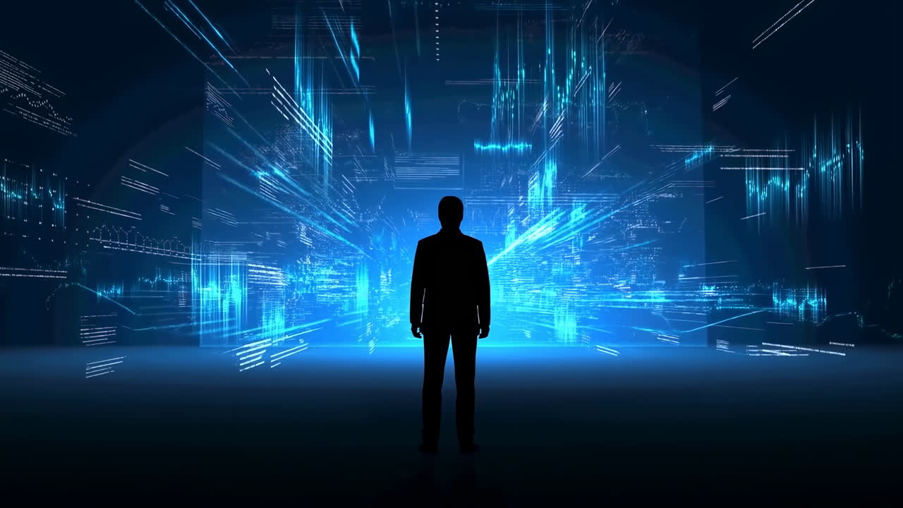 Silhouette Man Facing Digital Data, Blue Holographic Graphs And Network Lines Burst From Interface, Tech