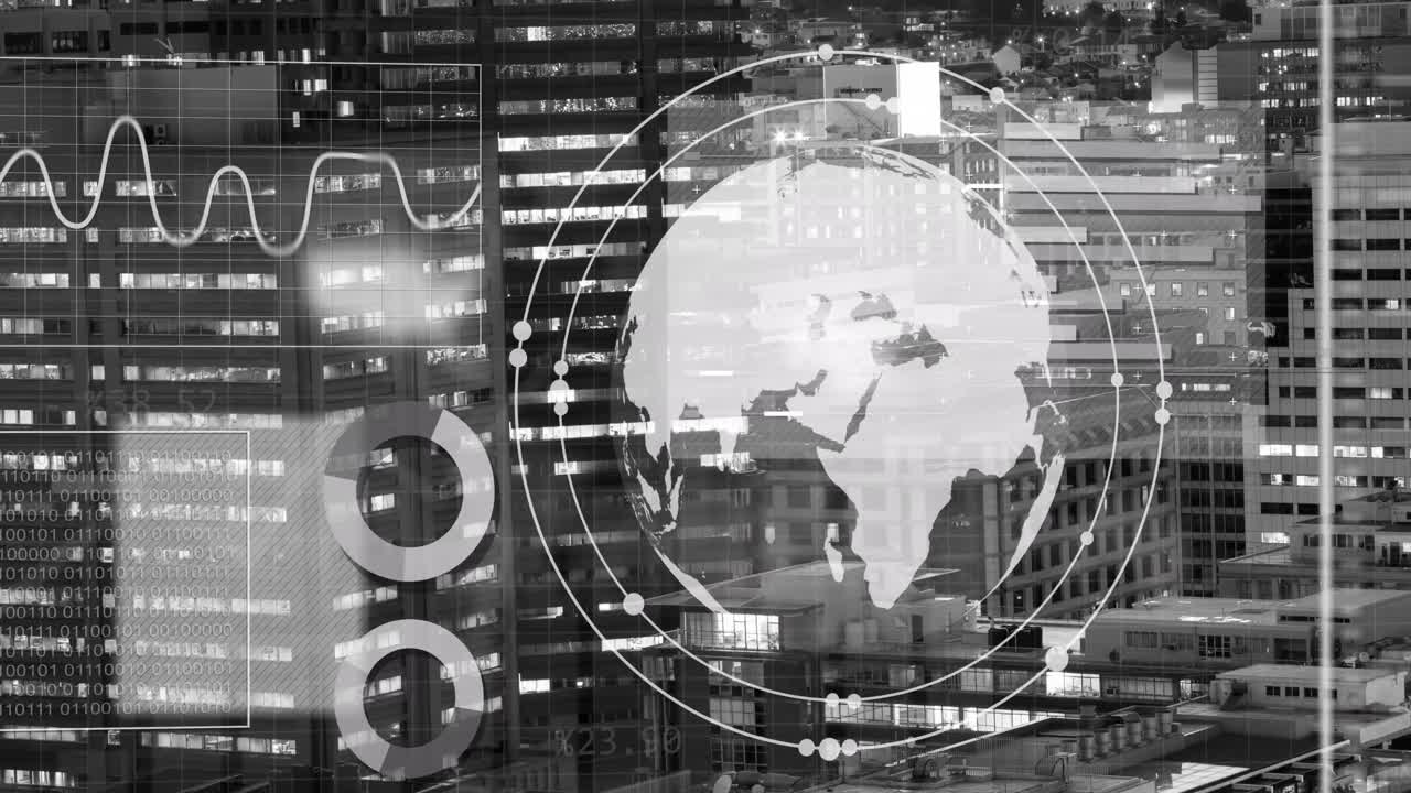 Animation of financial data processing over city