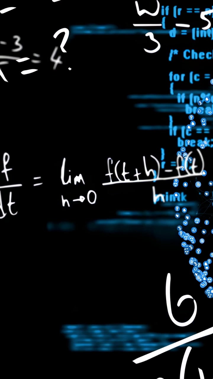 Matematica scritta a mano in bianco che scorre durante la riproduzione, rivelando codice blu e particelle pulsanti per la tecnologia