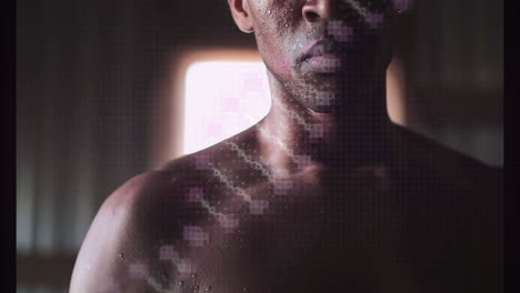 male athlete monitoring chest in gym space, showing animated ecg waveform and grid overlays