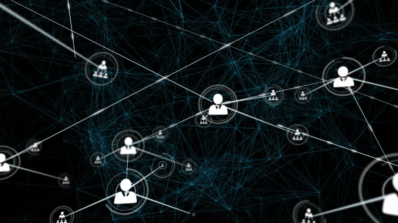 animación de la red de conexiones con iconos sobre fondo negro con constelaciones