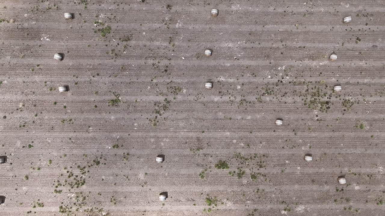 갓 수확한 건초 베일로 덮인 농장 땅의 하향식 드론 샷