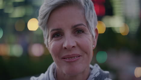 retrato de cerca hermosa mujer mayor sonriendo disfrutando de una noche urbana relajada en la ciudad exitosa mujer jubilada en cámara lenta