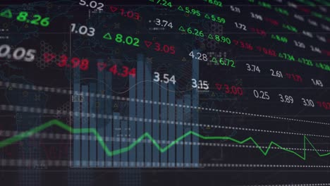 Animation-of-statistical-and-stock-market-data-processing-over-world-map-against-black-background