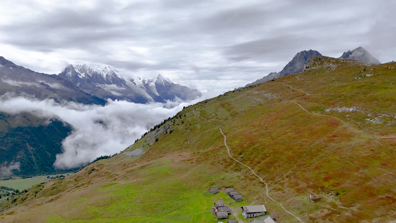 4K high resolution video of the beautiful French Col de Posettes Valley part of the famous TMB- Tour du Mont Blanc Trail during an overcast cloudy and foggy day