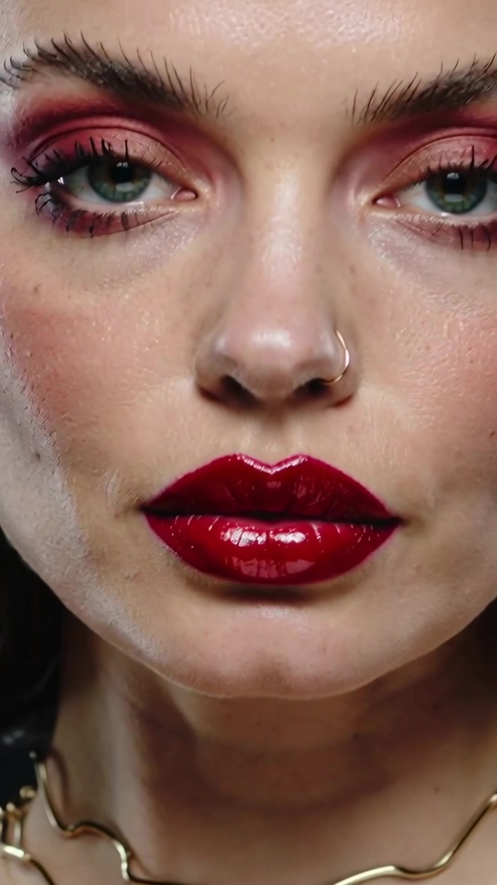 Video vertical: Modelo aplicándose lápiz labial rojo intenso en un estudio para un retrato, mostrando un aro de oro