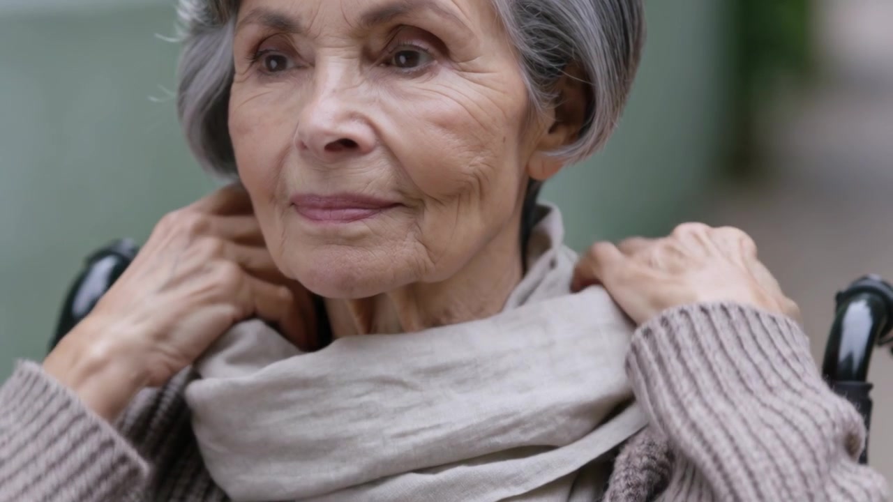 Anziana donna che si sistema la sciarpa, avvolgendola e rimboccandola, su un sentiero, con un top a costine, sulla sedia a rotelle per mettersi comoda.