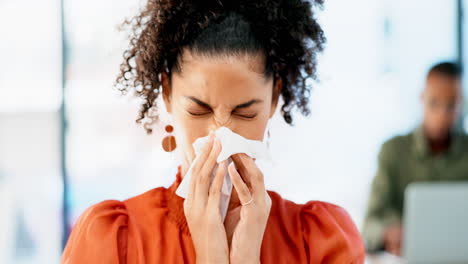 business woman, sneeze and blowing nose