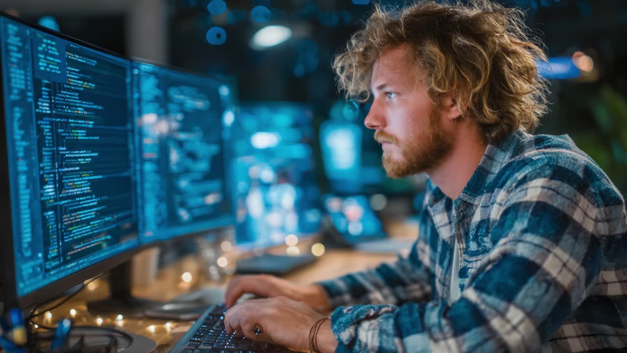 Focused on Coding: A Programmer Deep in Thought While Working Late Night Surrounded by Monitors Displaying Complex Code and Data Analysis in a Modern Workspace