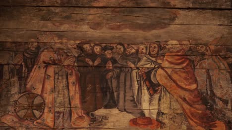 old-historic-paint-on-wooden-plank-of-medieval-catholic-church-tilt