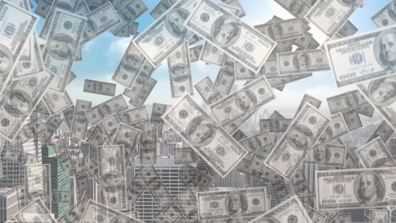 도시 풍경의 배경 위에 떨어지는 달러 지폐 애니메이션, 돈이 비를 내리고 있습니다.
