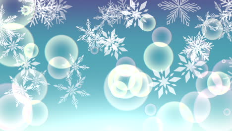 animación volar copos de nieve blancos y partículas abstractas sobre fondo azul de vacaciones