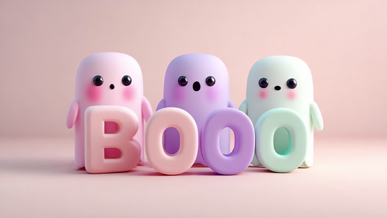 Three adorable kawaii ghosts in pastel colors holding letters that spell out the word Boo against a pink background. Fun, spooky, and sweet animation perfect for Halloween greetings and parties