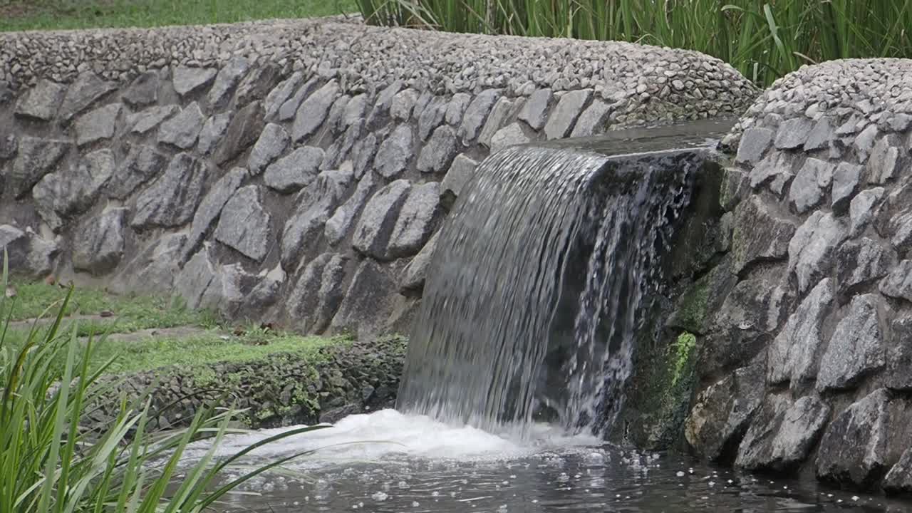 Waterfall Scene with Stone Wall