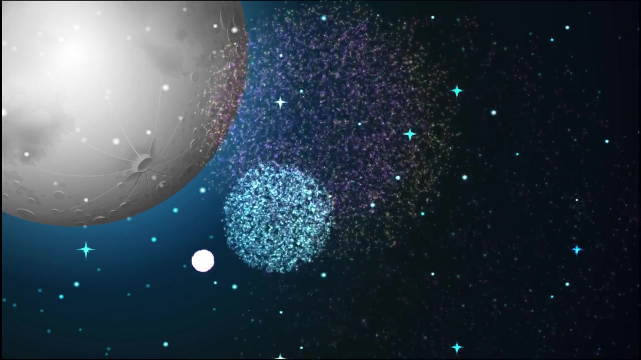 Vibrant multi-colored fireworks burst across a starry night sky beside a large glowing moon