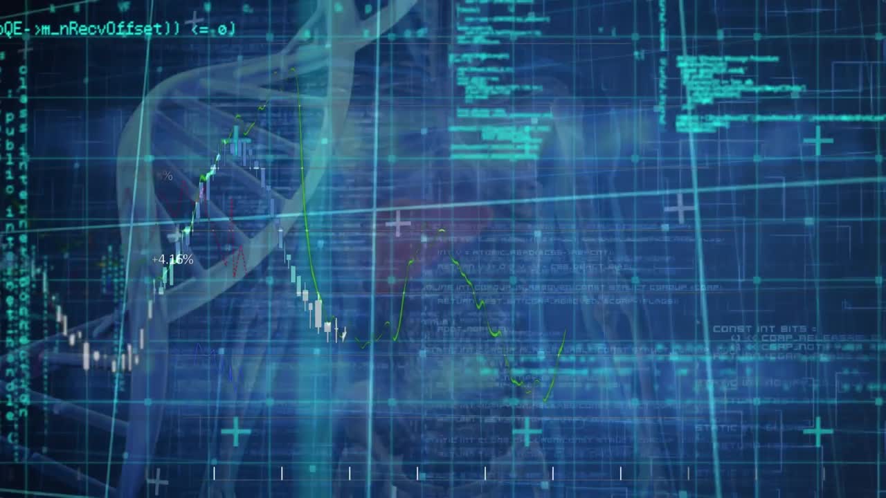 Animace zpracování dat přes otáčející se vlákno DNA