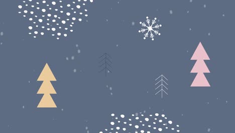 snow falling over abstract shapes and christmas trees moving against grey background