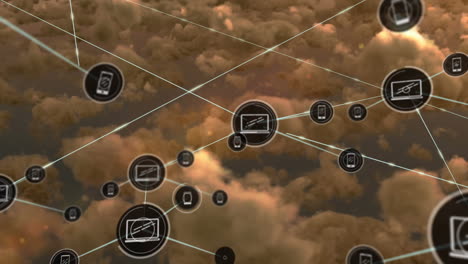Animation of network of connections of icons with laptops and smartphones over clouds