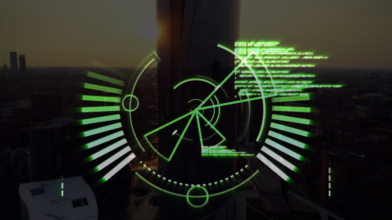 animación de círculos de carga y lenguaje informático sobre vista aérea del paisaje urbano moderno