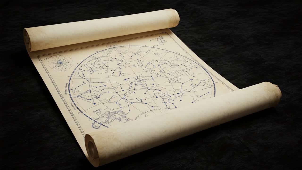 A Captivating Ancient Star Map Featuring Constellations and Celestial Bodies, Unfurled to Reveal the Mysteries of the Night Sky Across Time and Cultures