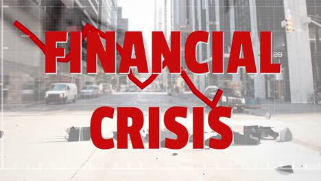 Text-Zur-Finanzkrise-Und-Rotes-Diagramm,-Das-Sich-Gegen-Das-Fallende-Und-Brechende-US-Dollar-Symbol-Bewegt