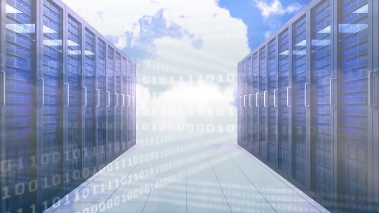 Sala server con codice binario e cloud
