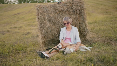 woman in sunglasses and casual outfit sits on dry grassy field, leaning against hay bale while gently rubbing dog ear with warm sunlight, open farmland, and natural surroundings