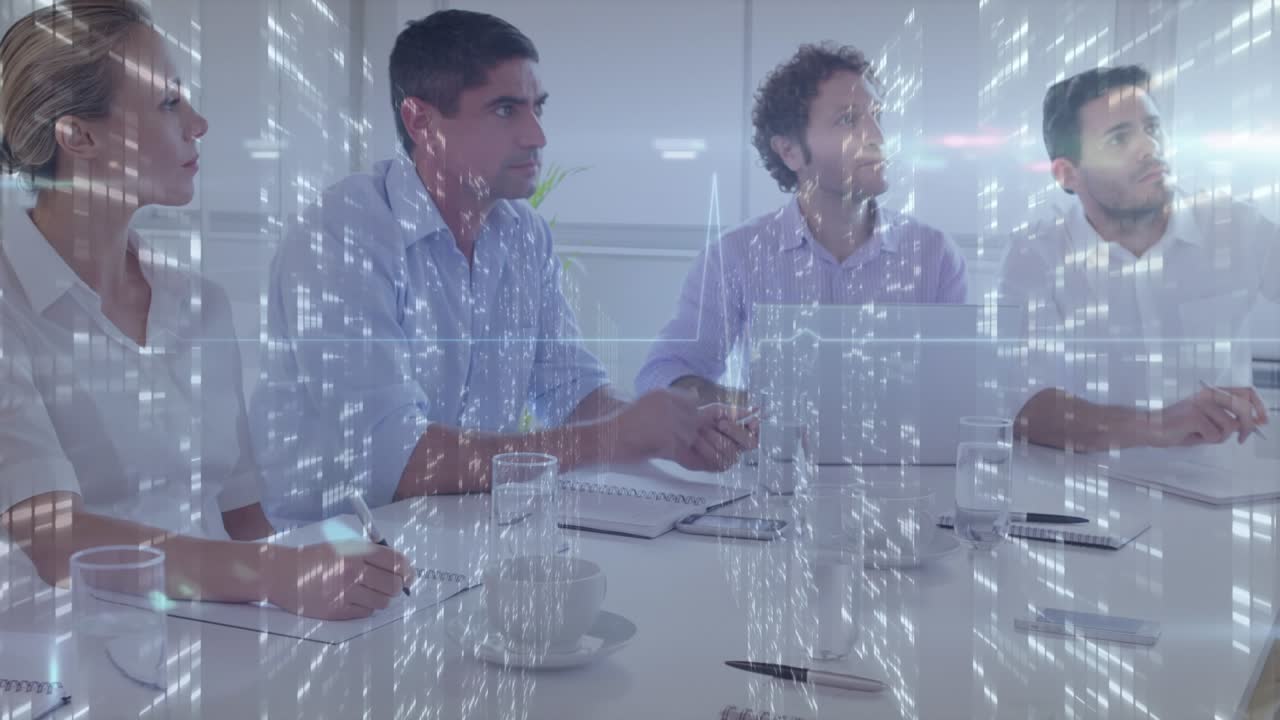 Animation of financial data and graph over diverse businesspeople in office