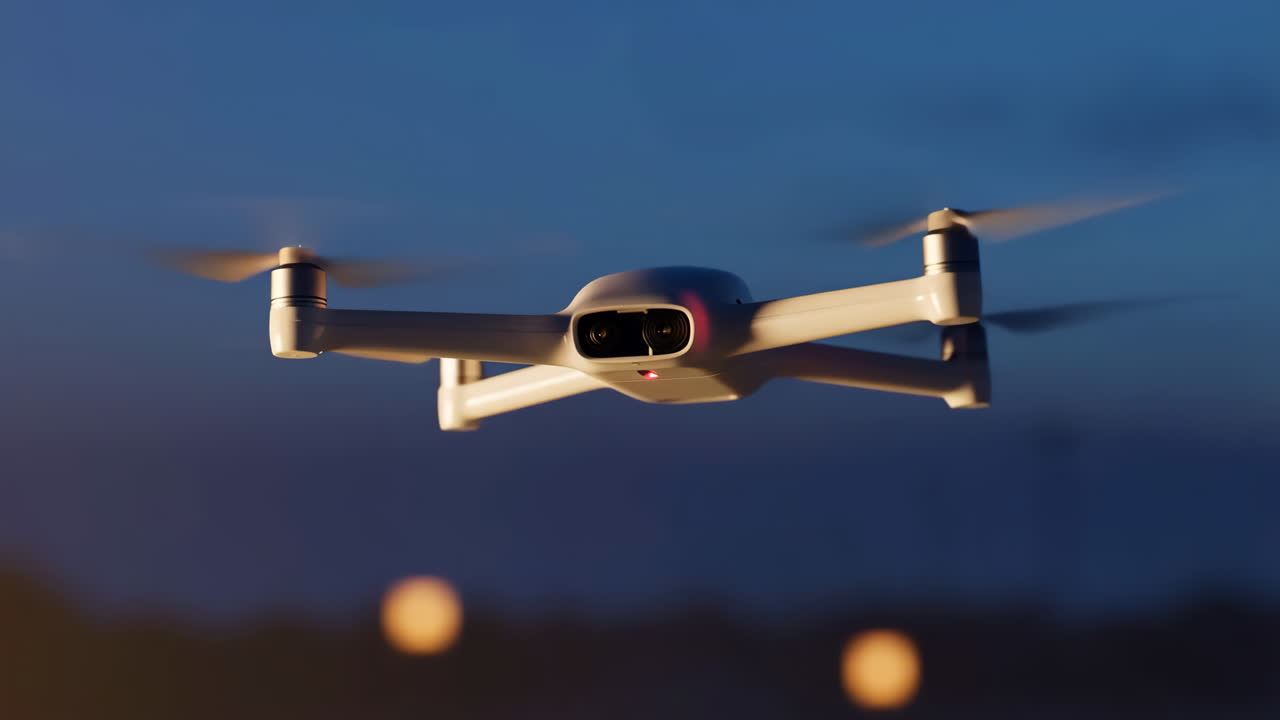 White drone flying against a dark blue sky