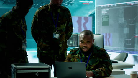 military personnel in a modern command center handle critical information