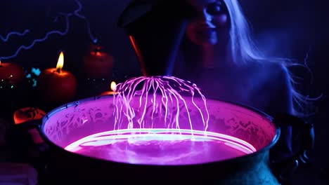 a witch stirs a glowing potion in a cauldron