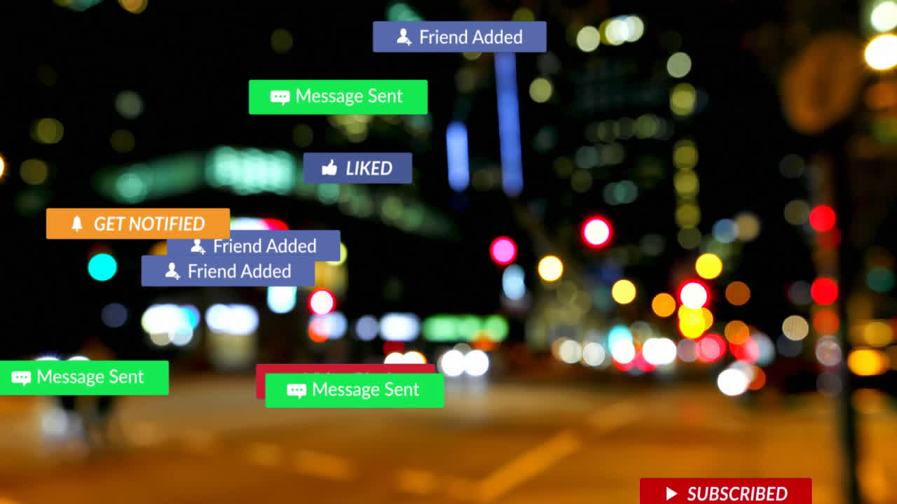 도시 풍경 위에 디지털 아이콘이 있는 배너에 있는 소셜 미디어 텍스트의 애니메이션