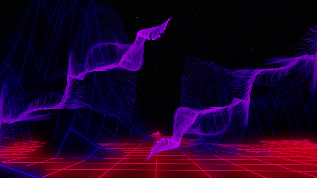 Purple forms growing over black background with blue and red grid moving below