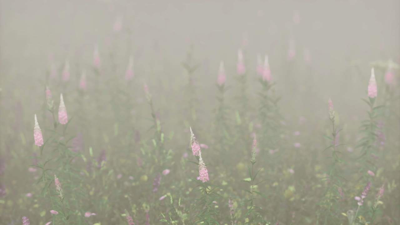 Flowers bloom in a misty field during early morning hours in springtime