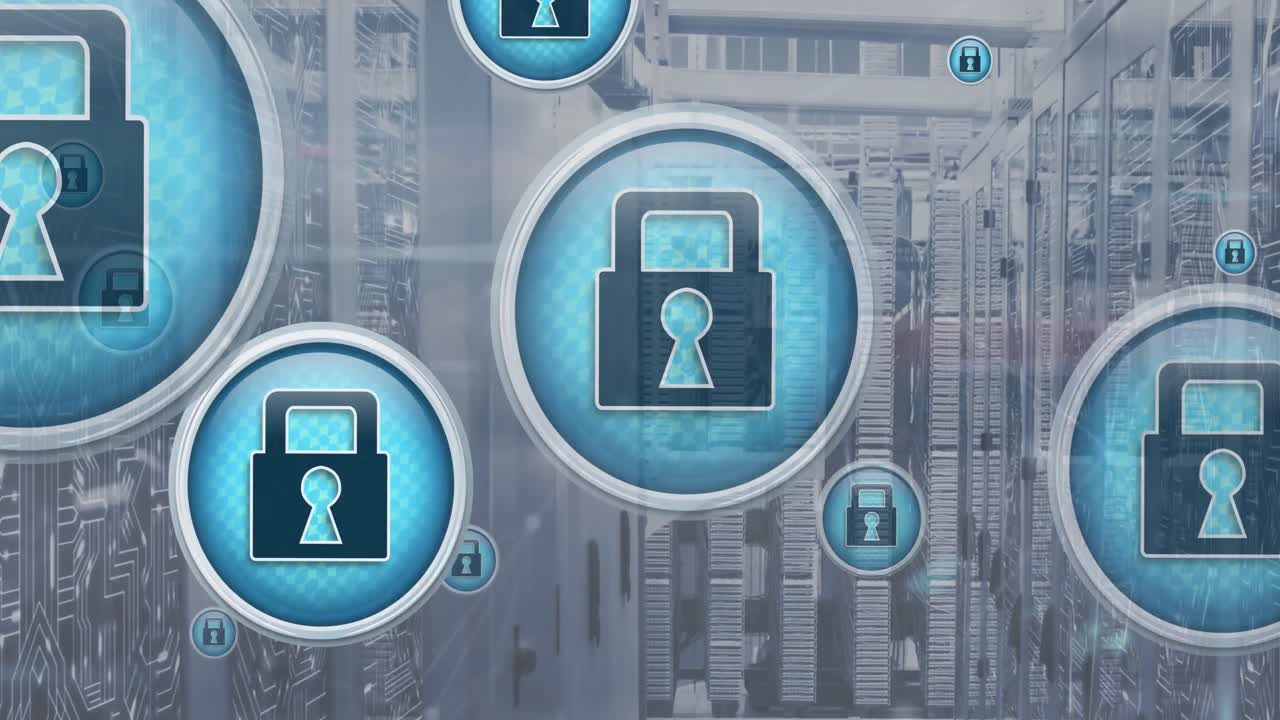 Animation of padlock in circles over circuit board pattern on server racks in server room