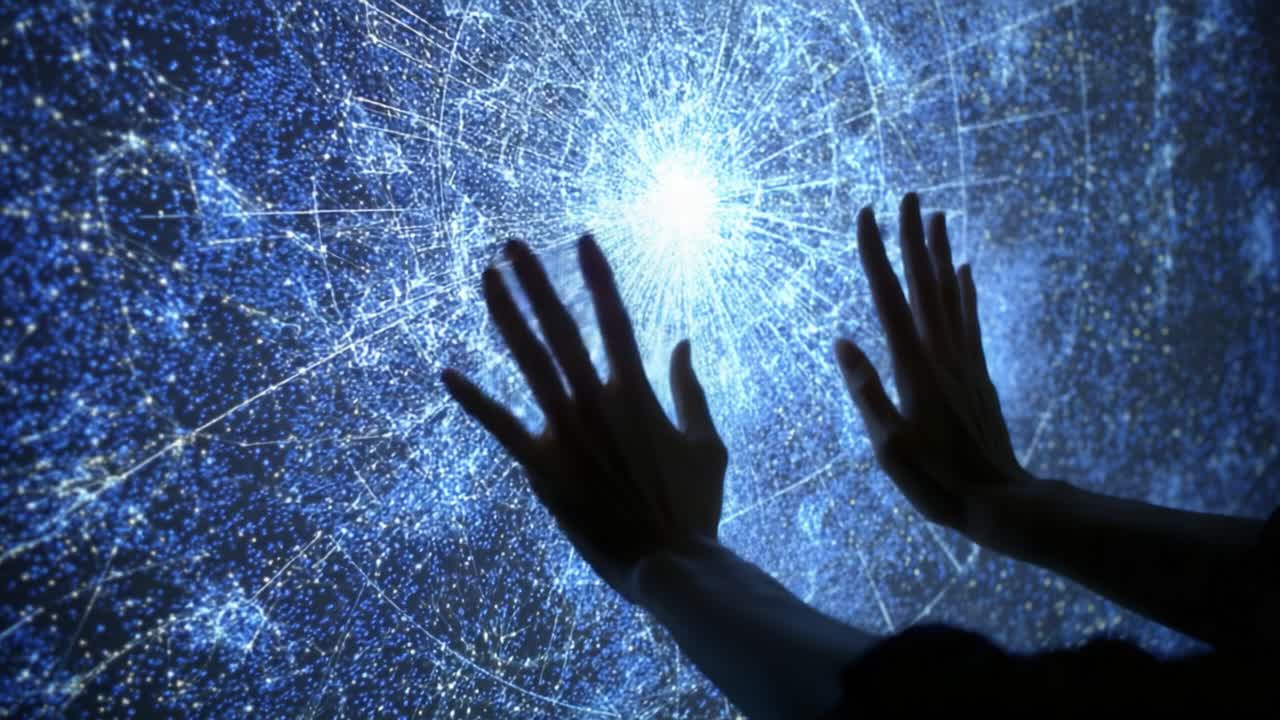 An exploration of cosmic patterns and luminous energy is revealed as two hands interact with a mesmerizing celestial display, illustrating the connection between humanity and the vast universe of stars and data