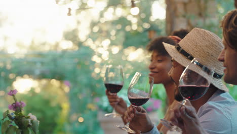 group of friends making toast celebrating reunion dinner party drinking wine sitting at table chatting sharing lifestyle people relaxing outdoors 4k footage