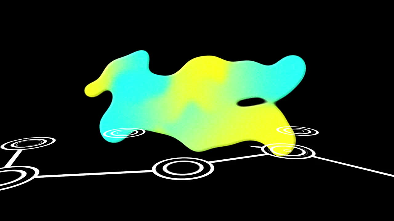 Animation of blue and yellow blob over network of connections on black background
