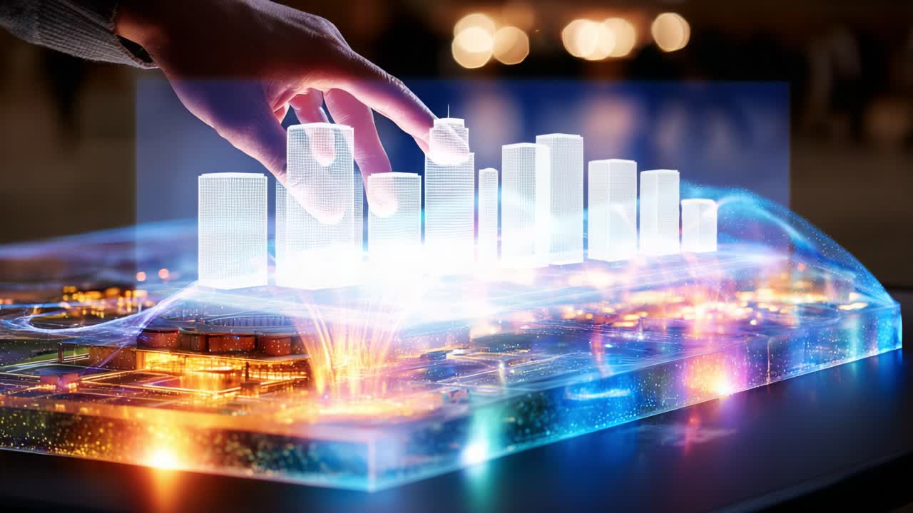 Innovative Display of a Futuristic City Model with Interactive Elements, Showcasing Architectural Design and Dynamic Lighting Effects, Captivating Viewers with Its Stunning Visualization Techniques