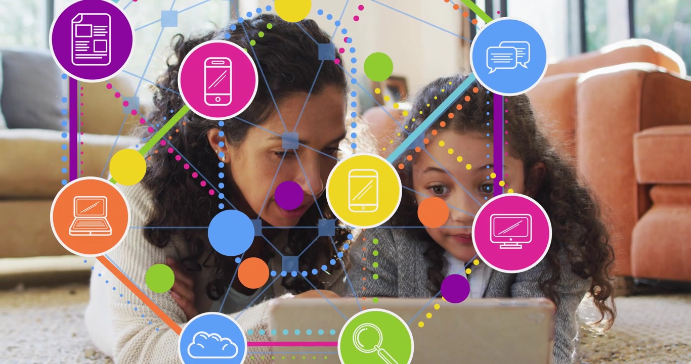 Animation of network of connections over woman and her daughter using tablet