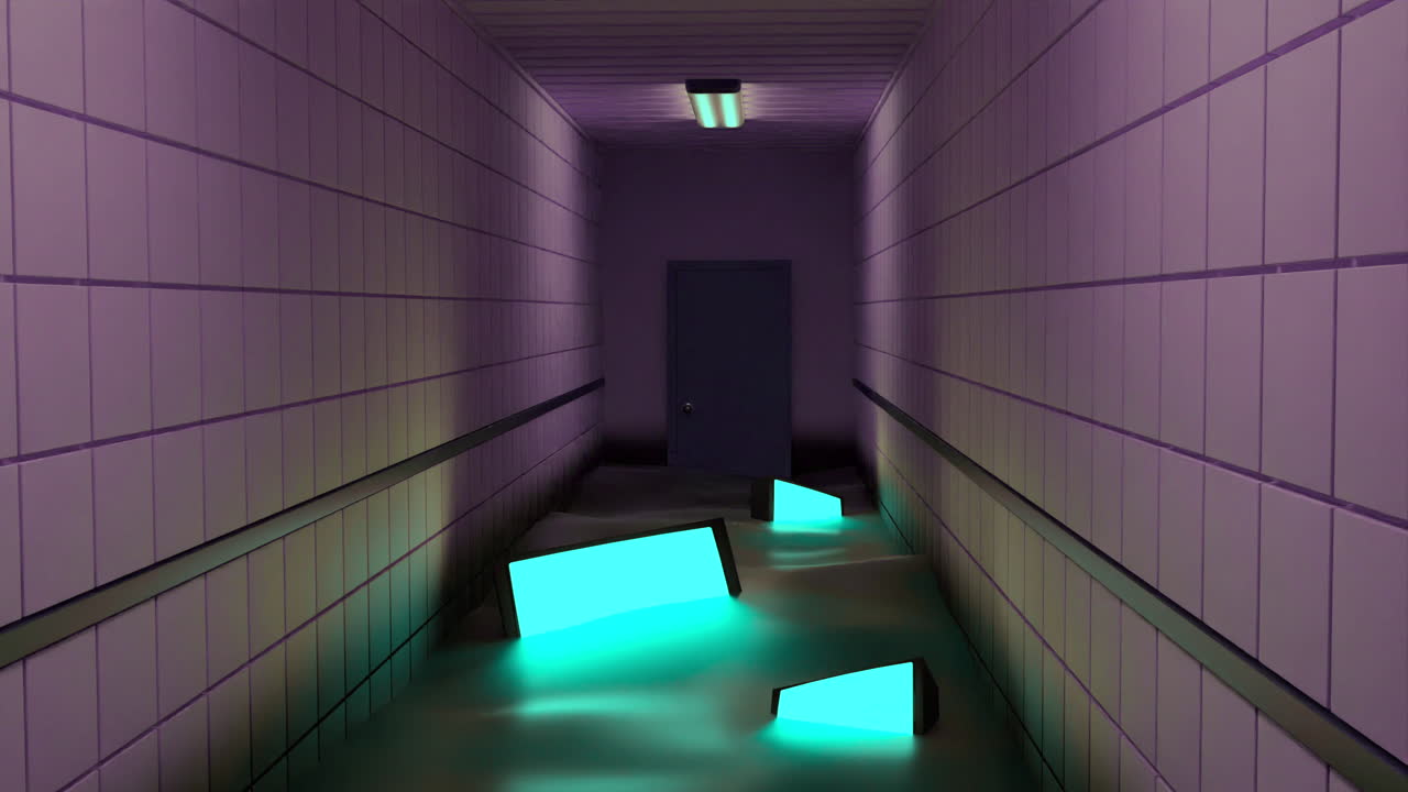 Flooded Corridor with Glowing Screens