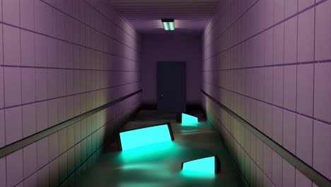 flooded corridor with glowing screens