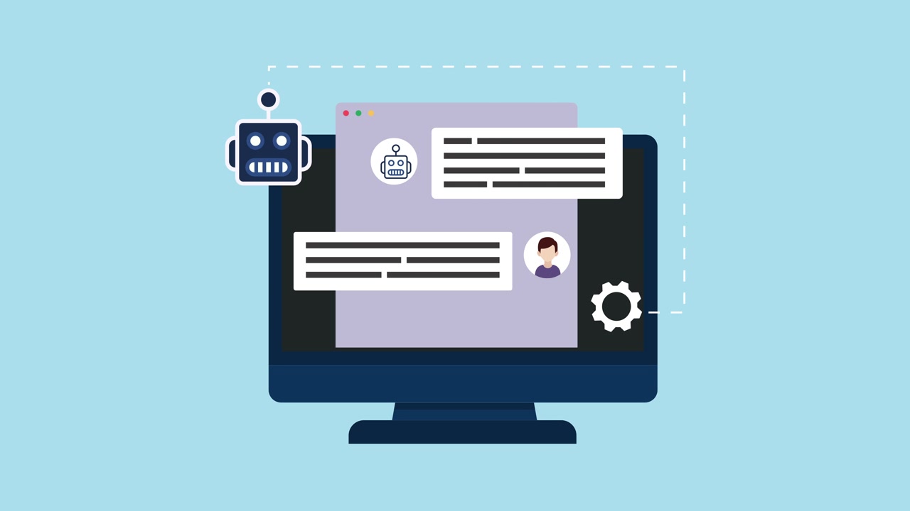 Schermo di computer animato che visualizza l'interfaccia di un chatbot AI.