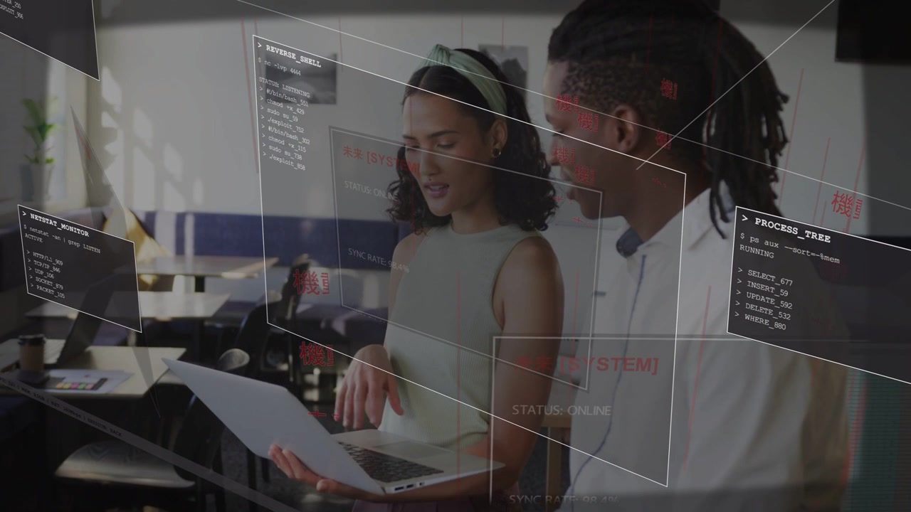 Woman holding laptop and paper initiating tech review, pointing as HUD overlays revealing status