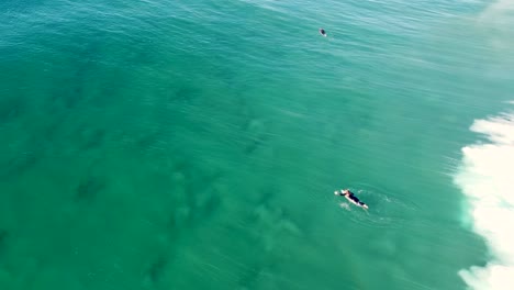 toma aérea de drones de buceo de pato surfista en el banco de arena del océano pacífico rompe la entrada costa central nsw australia 4k
