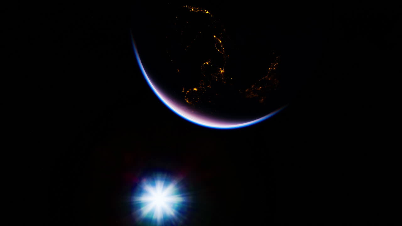 Planet earth illuminated by city lights with a bright star in the foreground