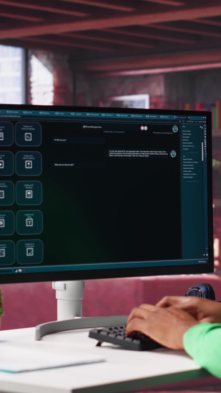 Vertical Video Spacious elegant home office with PC showcasing online finance activities