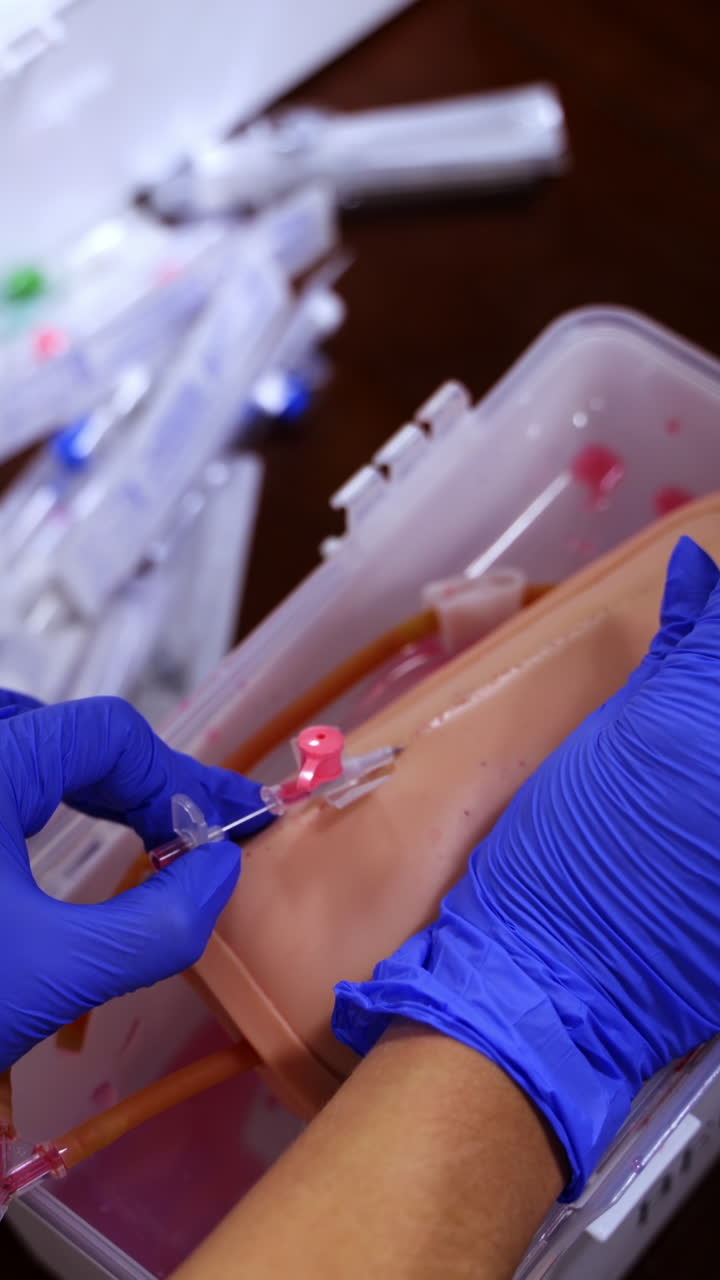 Dummy for practicing inserting catheter. Hands in blue latex gloves with medical neddle. Selective focus from above. Vertical video